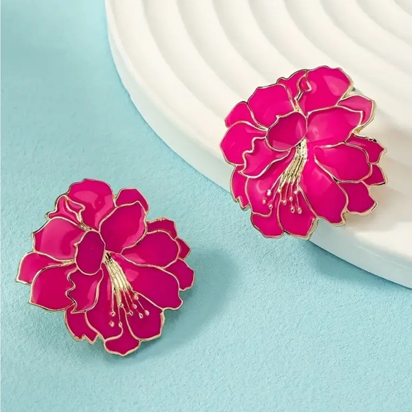 Pink Tropical Flower Stud Earrings - Picture 2 of 4